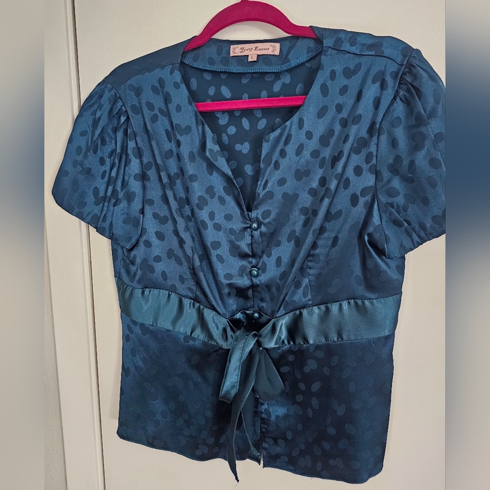 Navy Polka Dot Satin Blouse